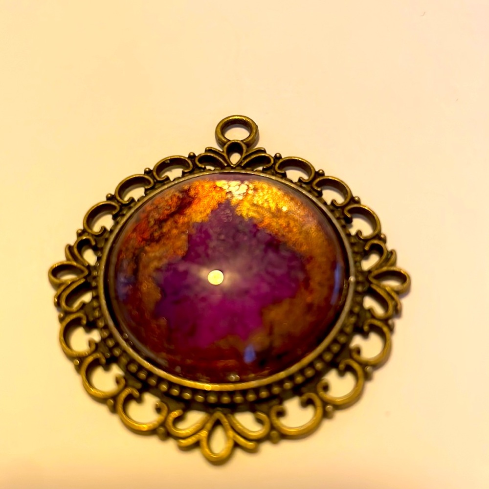 Handmade Jewelry Pendant Alcohol Ink Art Antique Gold Setting Under Domed Glass